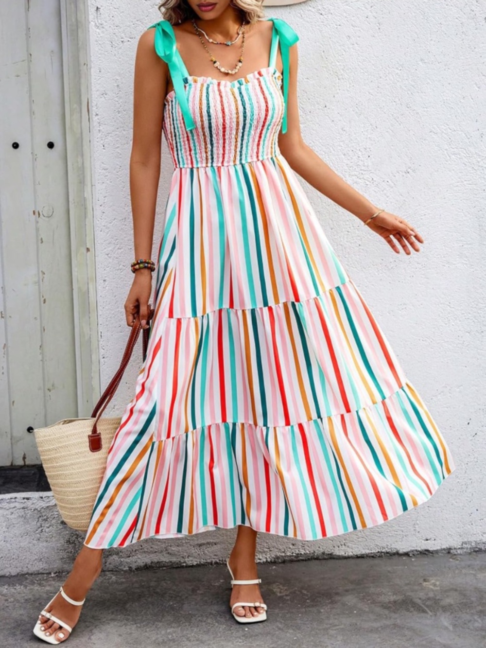 Multicolor Striped Tie-Shoulder Boho Maxi Dress